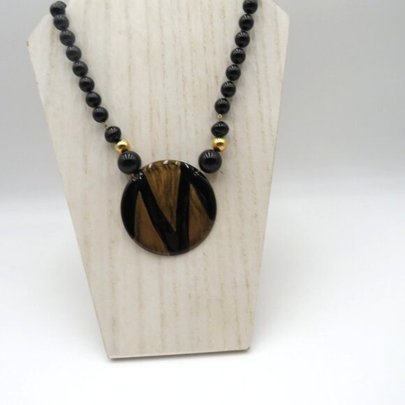 Vintage Black Gold Bead 16" Necklace Reversible Pendant Art Deco Statement - Picture 2 of 7